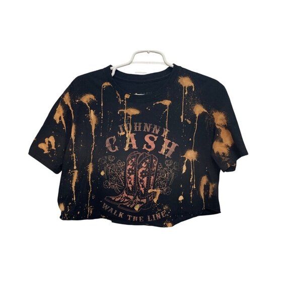Cash Tops - Johnny Cash Walk The Line Bleached Crop Graphic T-Shirt XL Nashville Line Dance